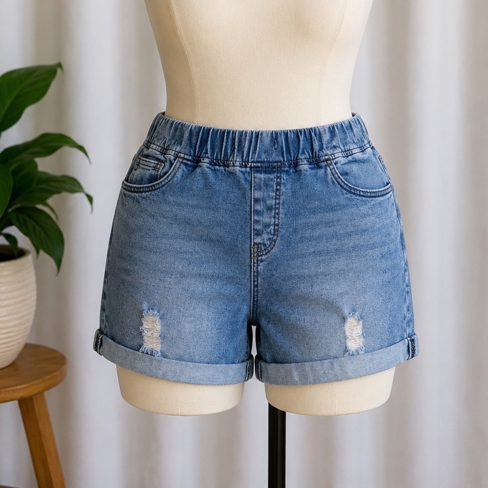 BloomChic Denim Medium Wash Distressed Pull On Shorts Blue Size 14 Momcore